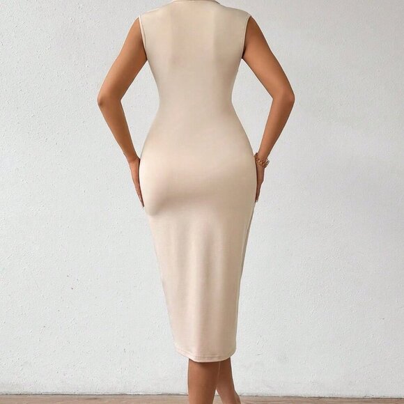 Apricot Elegant Women's Plain Fold V-Neck Tight Fit Stretchy Sleeveless Dress - Picture 3 of 8